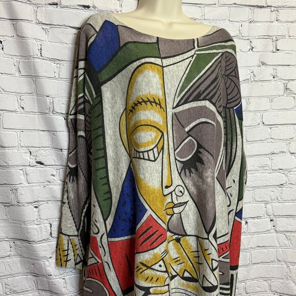 Aamilife One Size Fits All Abstract Sweater Gray with Multicolor Print NWT - Picture 2 of 8